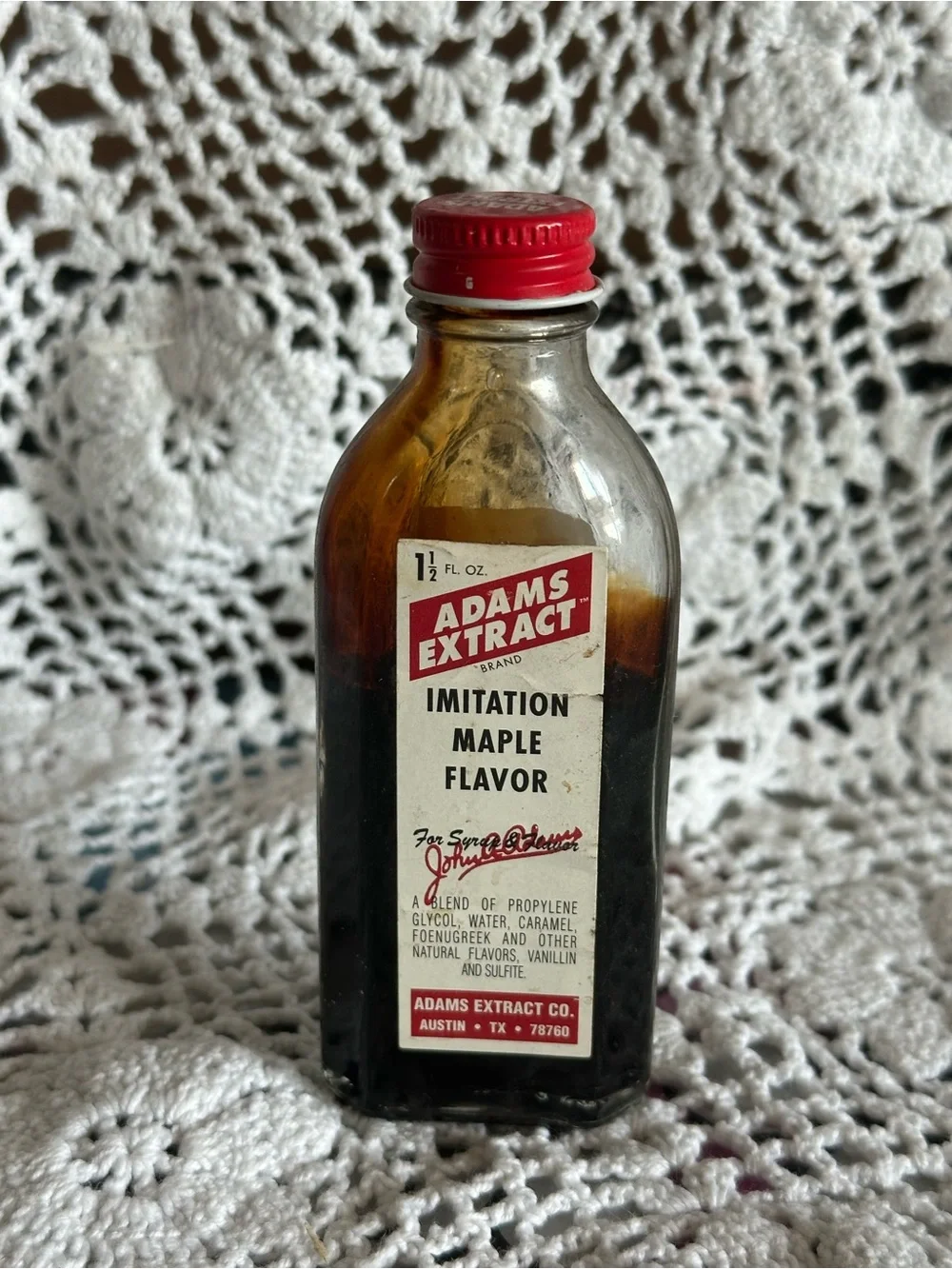 Vintage Adams Extract Imitation Maple Flavor Bottle - Red Cap, Amber Glass